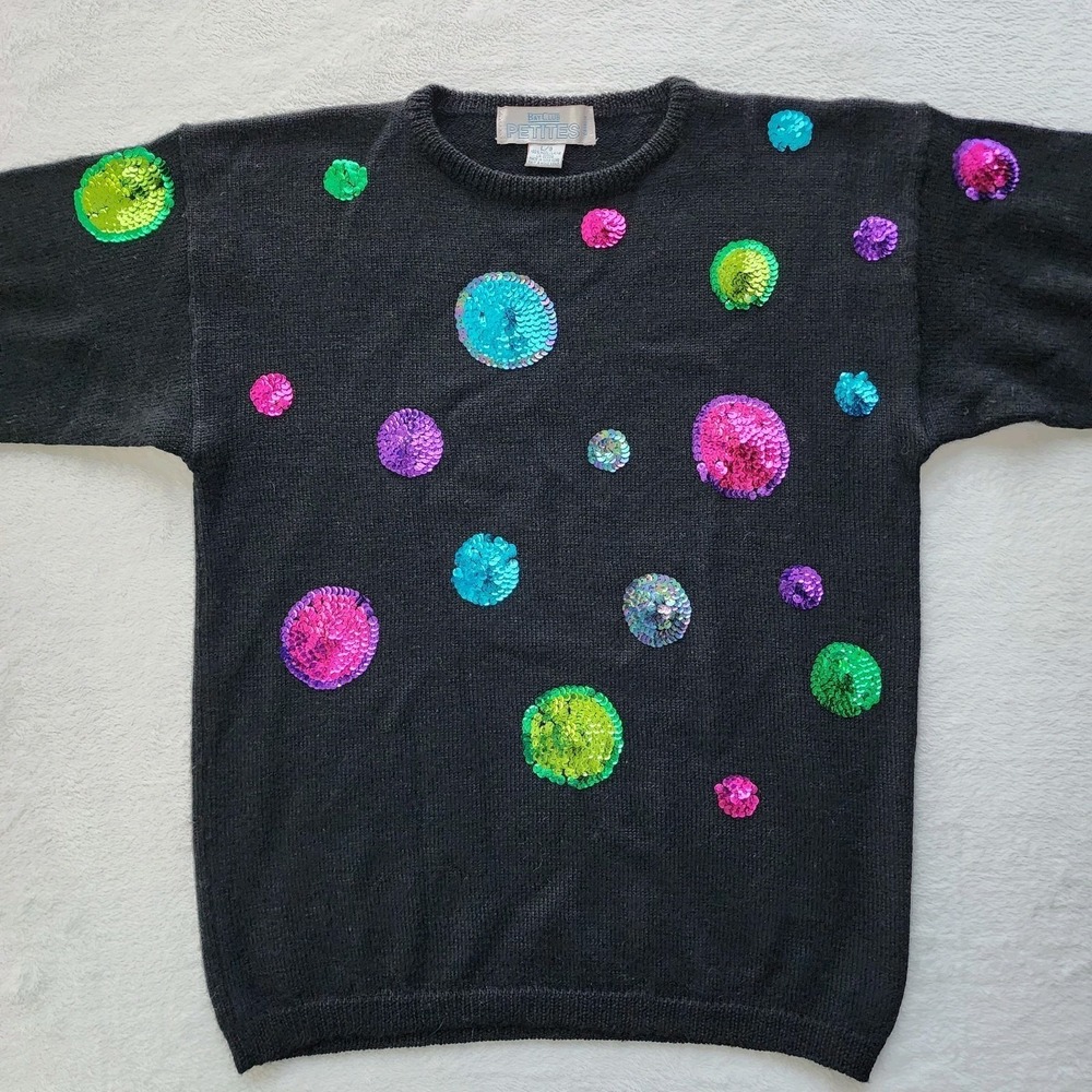 Vintage 80s 100% Wool Sweater Womens Large Petite Sequin Polka Dot Party Holiday